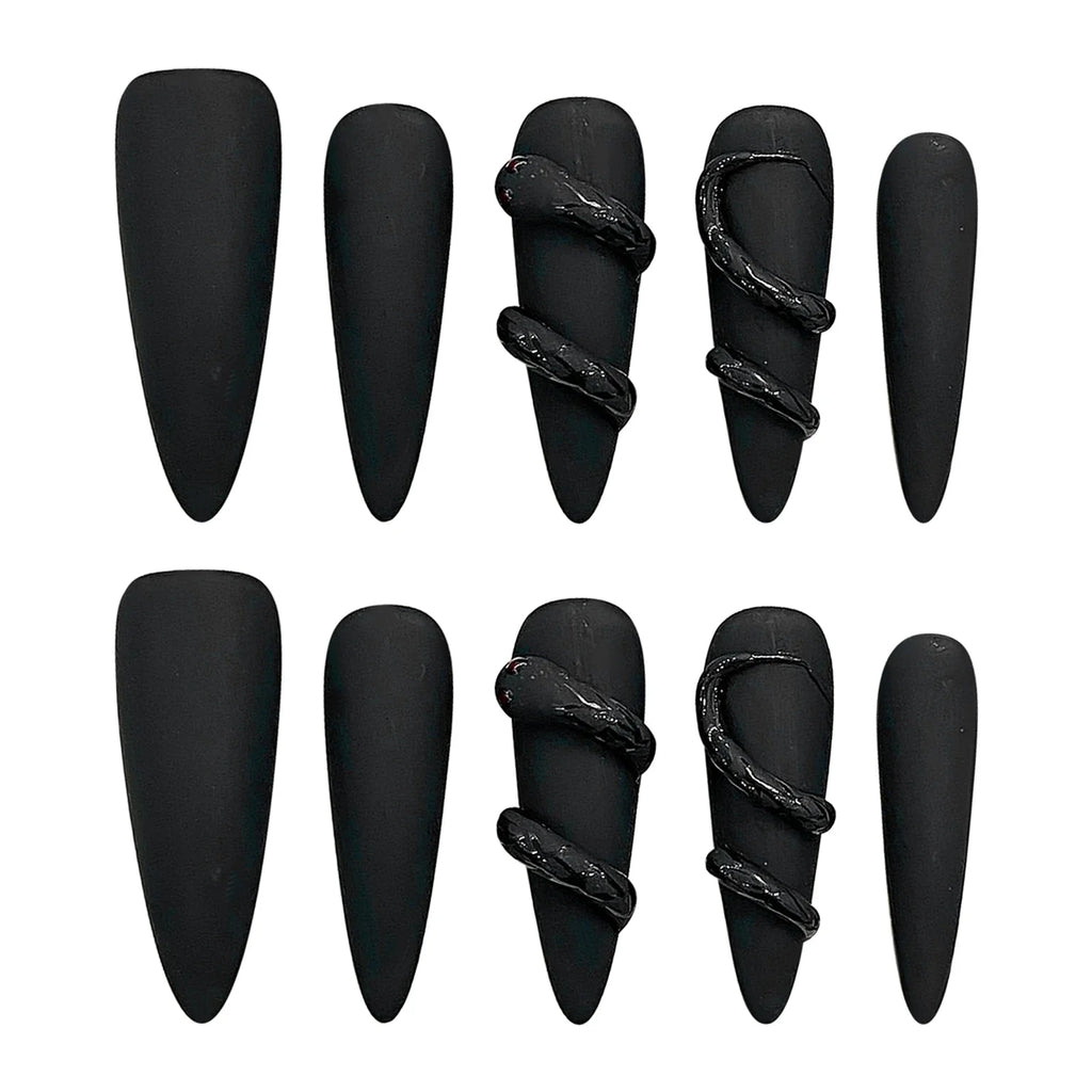Matte Black 3D Almond Press On Nails – Punk Y2K Style 10pcs