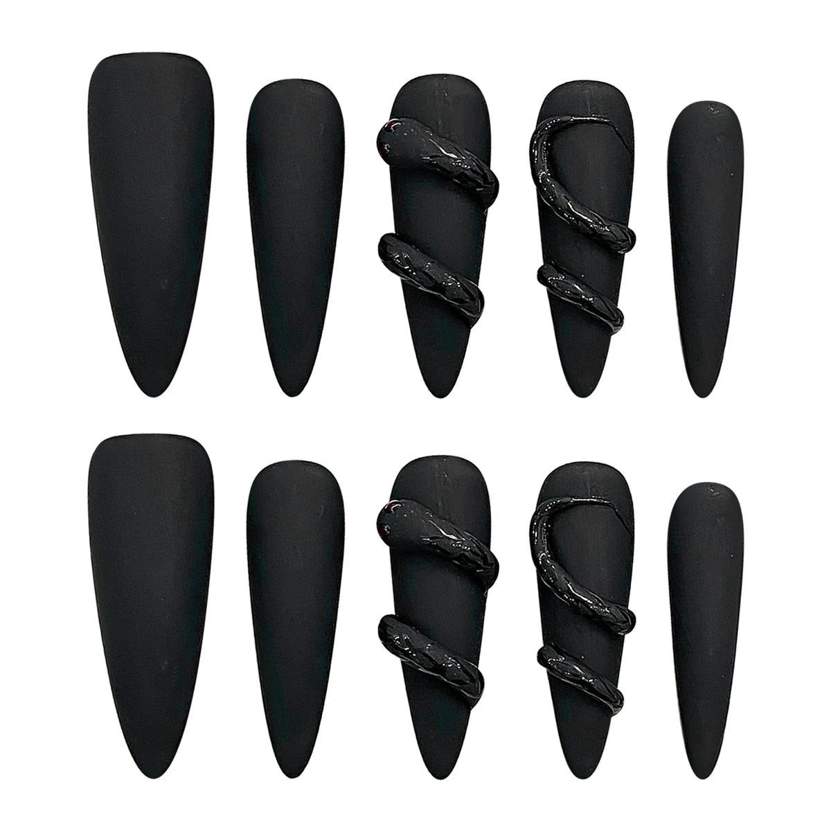 Matte Black 3D Almond Press On Nails – Punk Y2K Style 10pcs