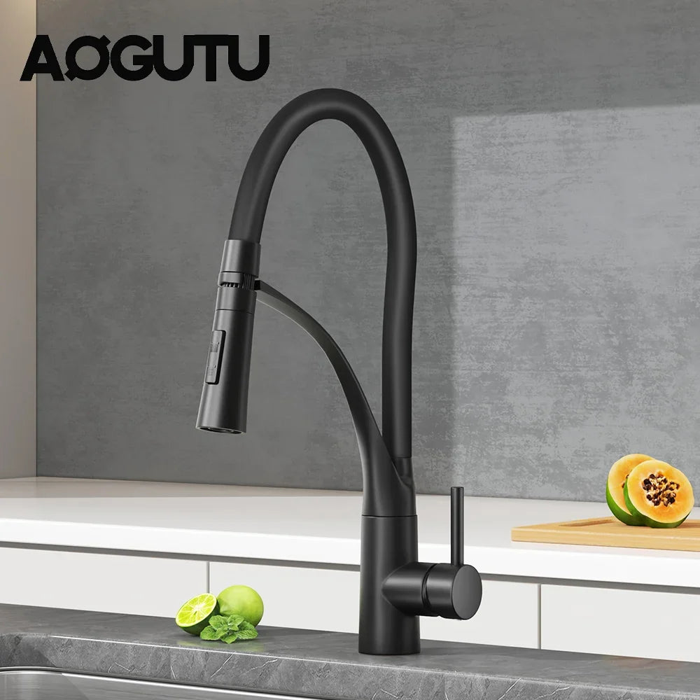 AOGUTU Brass Pull-Down Kitchen Faucet | Single Handle Mixer Tap