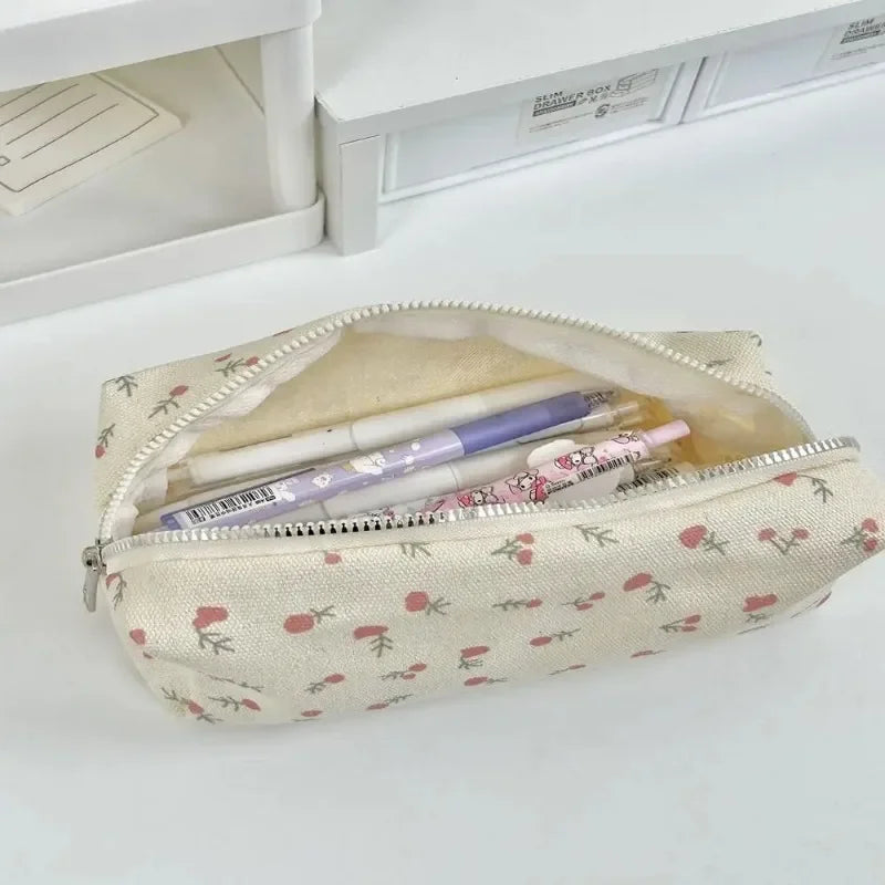 Floral Canvas Pencil Case – Large Capacity Stationery Organizer