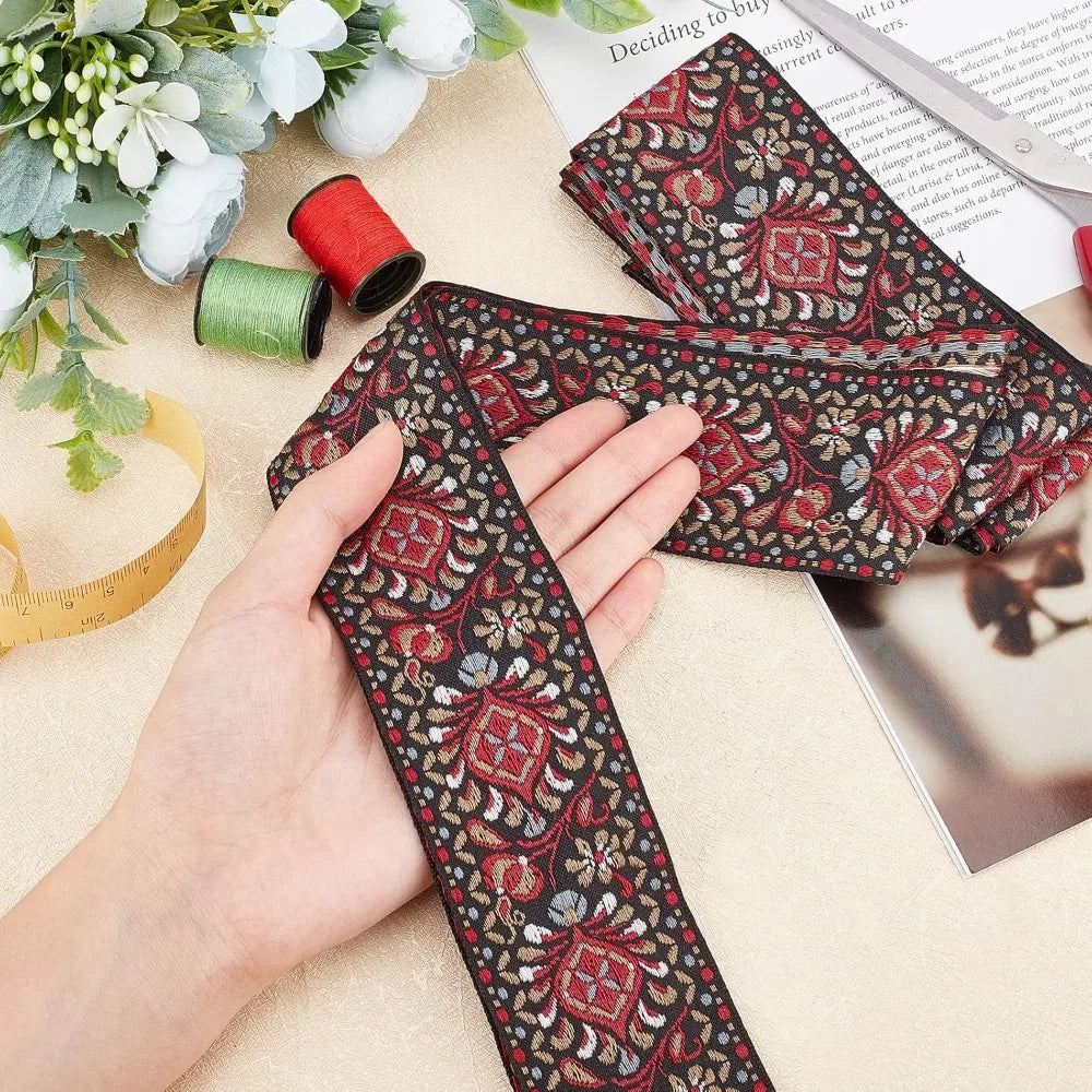 Ethnic Floral Jacquard Ribbon 2 Inch Indian Red – 10 Yards