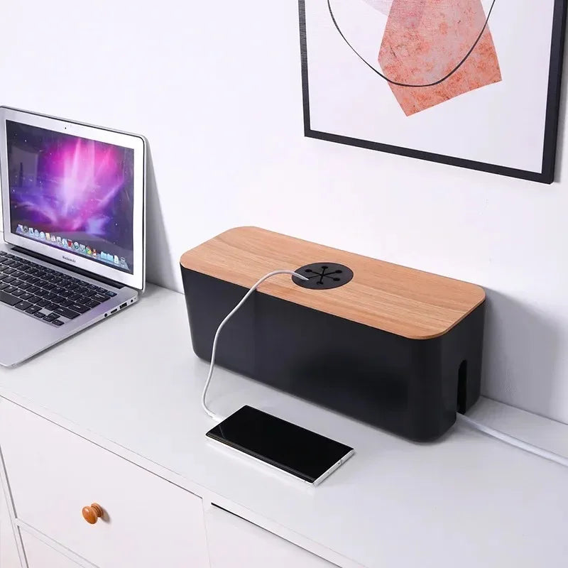Wooden Cable Storage Box Dustproof Chargers Container Multi