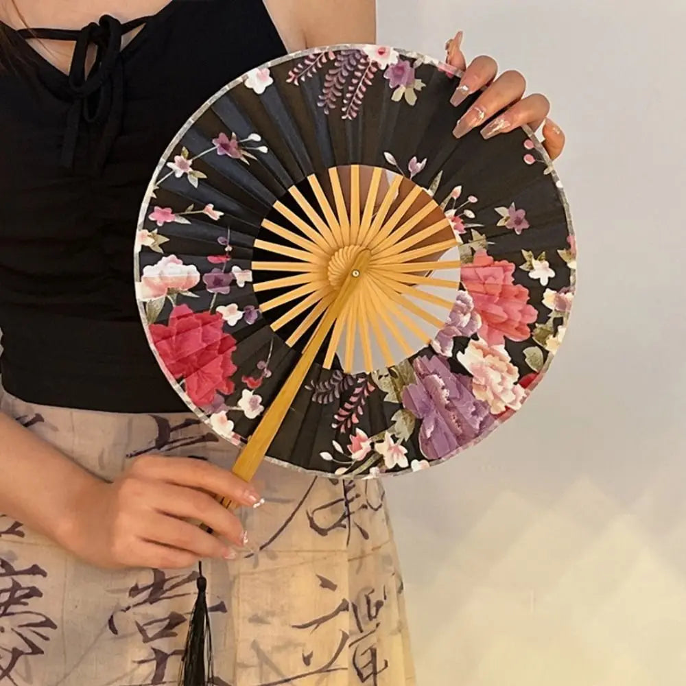Chinese Hand Fold Fan Silk Bamboo Flower Folding Dance Props Tassel