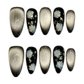 Handmade Black Cat Eyes False Nails Press Gold Foil Floral Designs