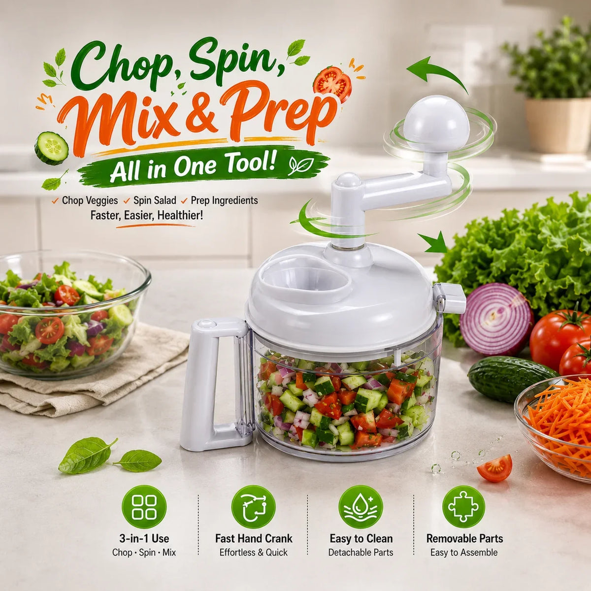 Manual Food Chopper Hand Crank – Vegetable Dicer & Salad Spinner