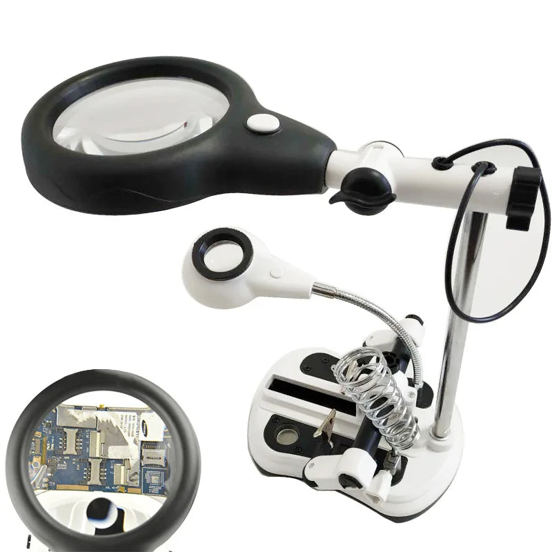 LED Desktop Magnifier & Third Hand Soldering Loupe with Clips