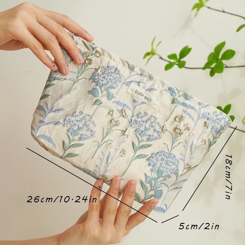 Blue Bouquet Women Makeup Bag Large Capacity Canvas Toiletry Bag-for