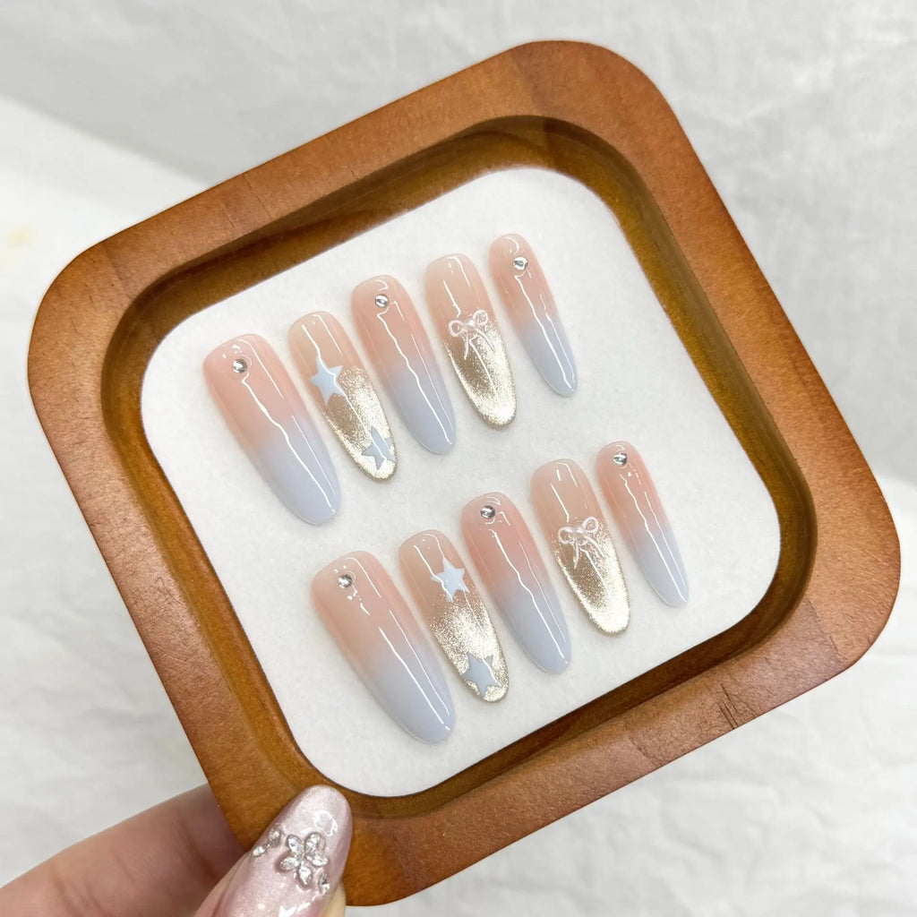 Handmade Press-On Nails Leopard Blue Cat Eye Long Almond 10pcs