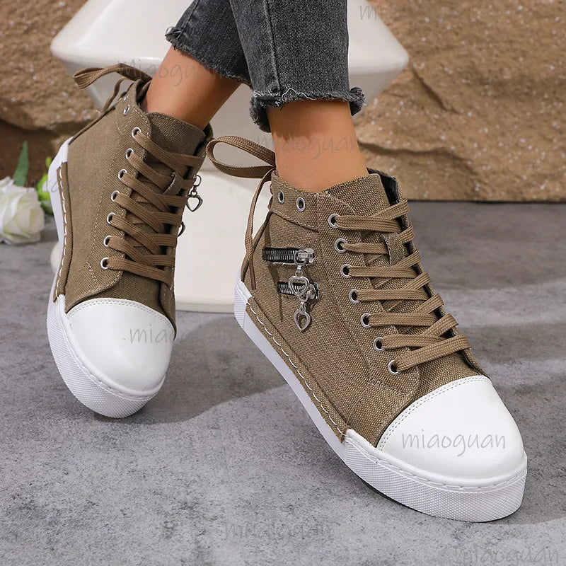 Women's High-Top Canvas Lace-Up Sneakers | Casual Board Shoes