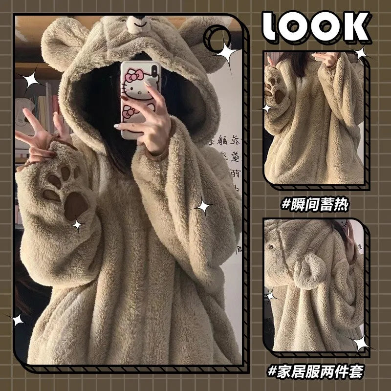 Bear Ear Hooded Pajama Set – Cozy Coral Fleece Women's Sleepwear