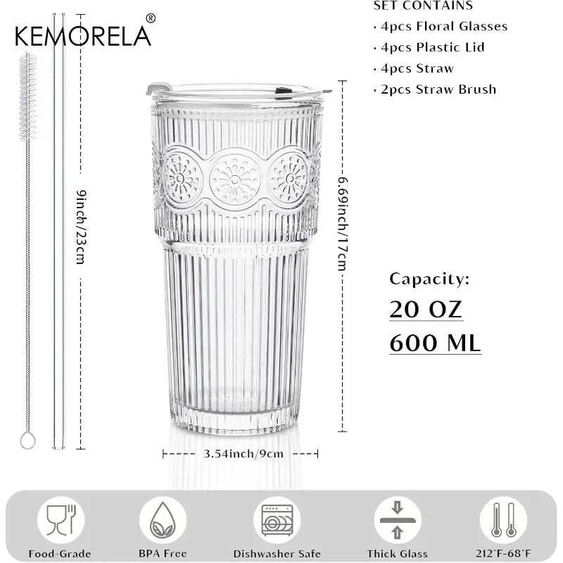 KEMORELA 600ml Floral Glass Tumblers with Lid & Straw | 1-2 Pack