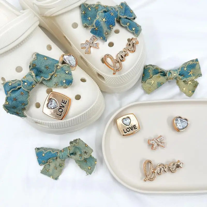 Denim Bow Rhinestone Shoe Charms DIY Decoration Kit – 6pc