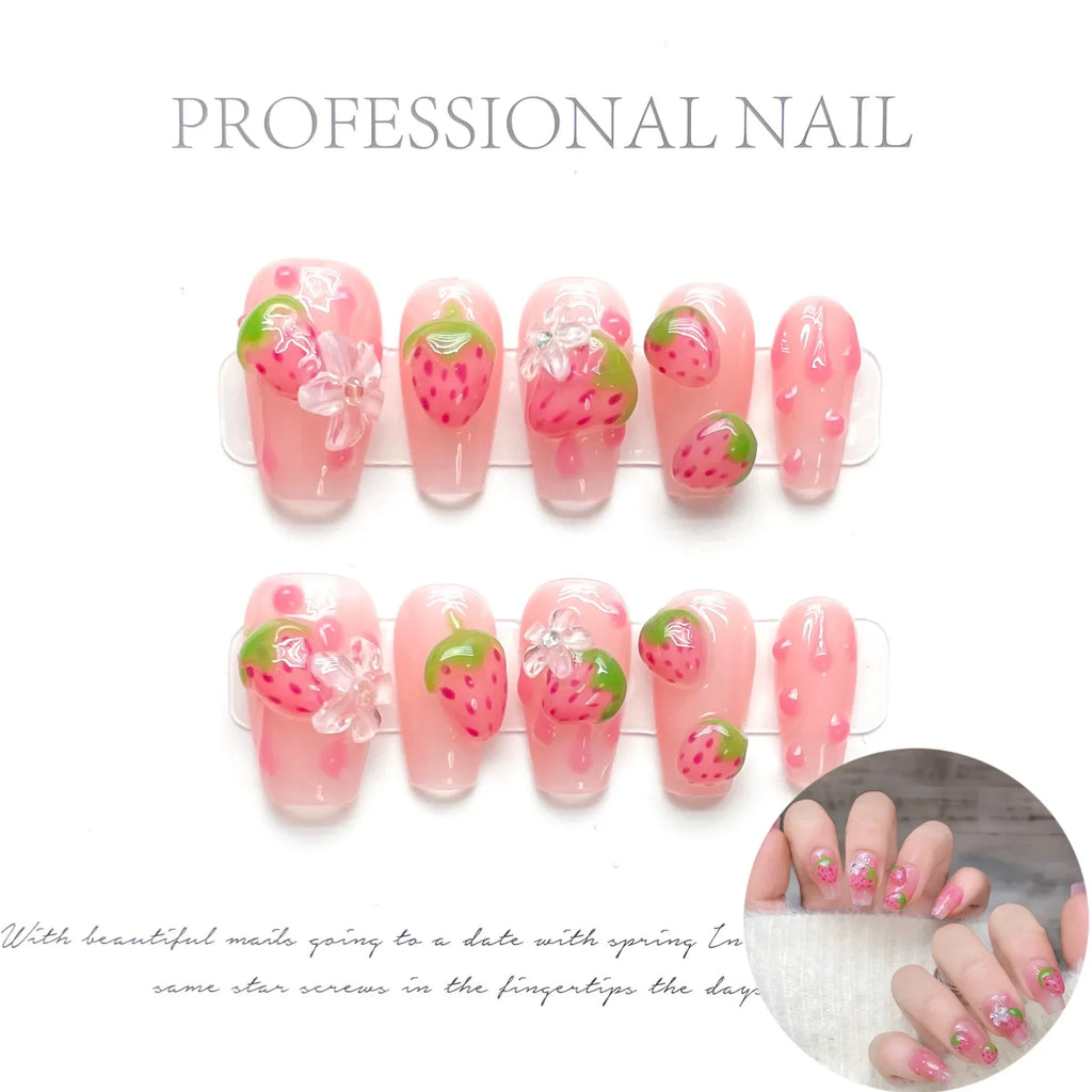 3D Strawberry Press-On Nails | Korean Style Cute Fake Nails