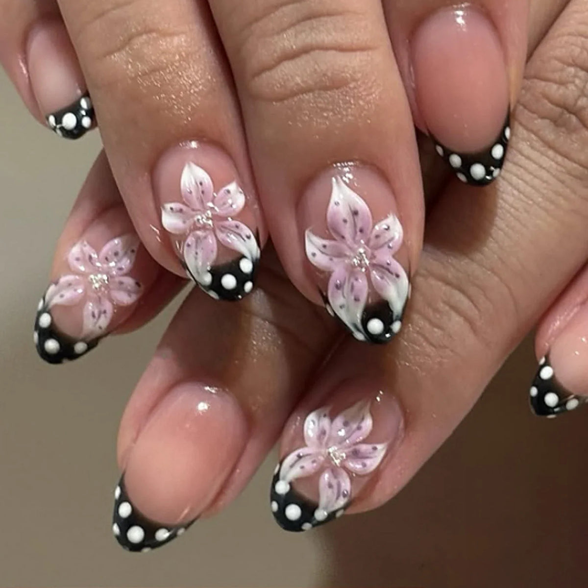3D Flower Press-On Nails – Black French Almond 24pc Set