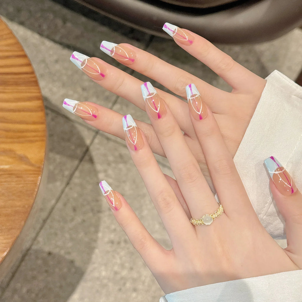 Geometric Press-On Nails | Long Coffin Ballet French Tips