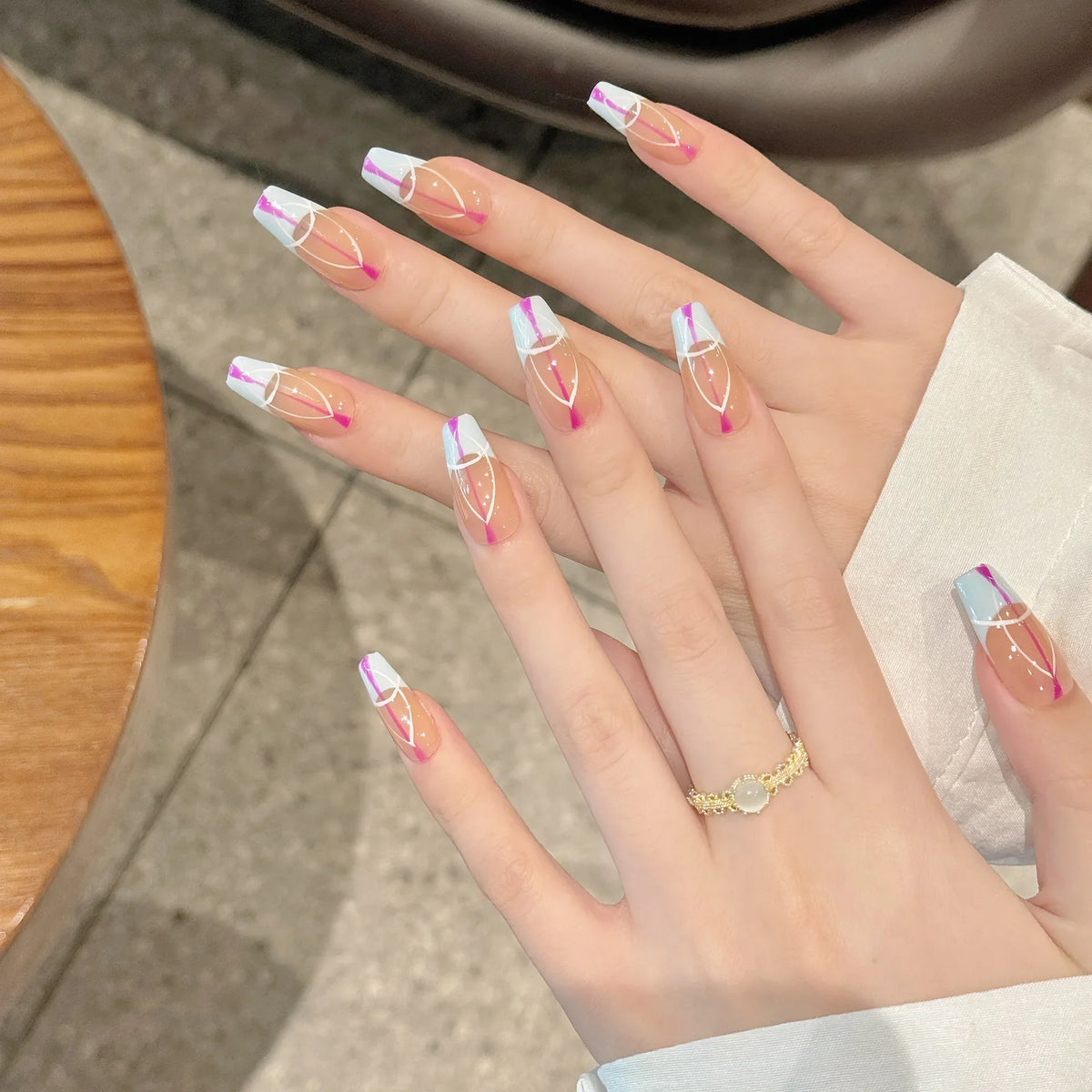 Geometric Press-On Nails | Long Coffin Ballet French Tips