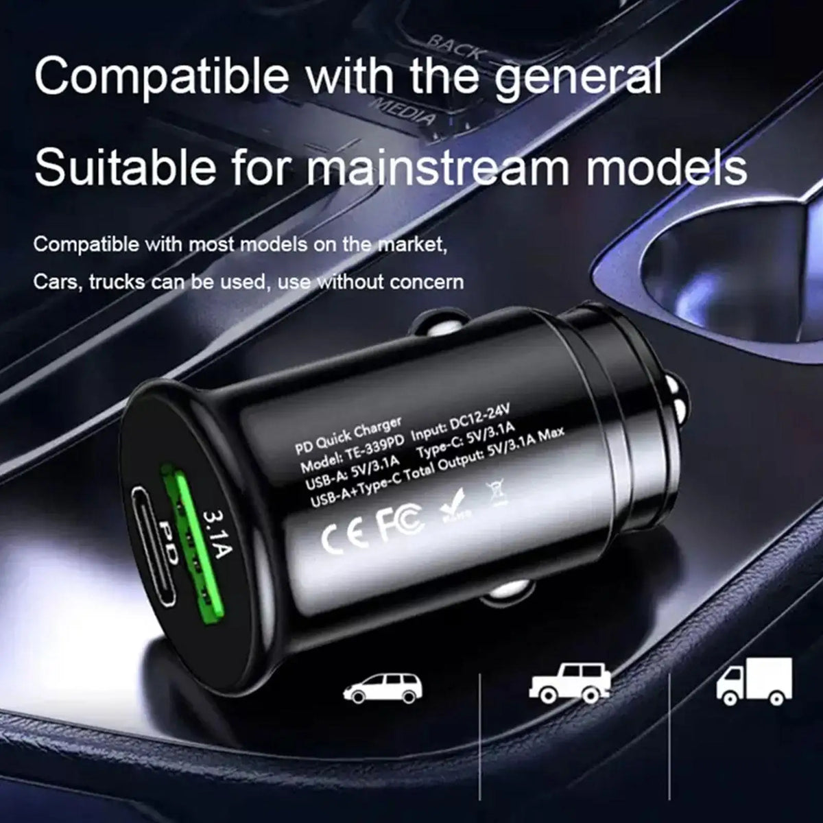 USB-C PD & QC 3.0 Fast Car Charger – Dual Port 20W Adapter