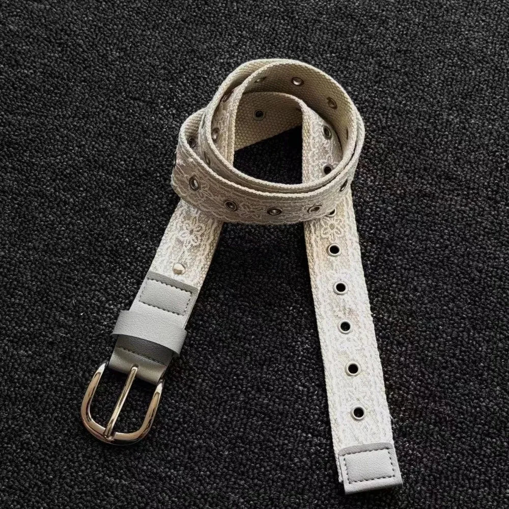 Korean Y2K Lace Canvas Waist Belt Metal Buckle – Beige