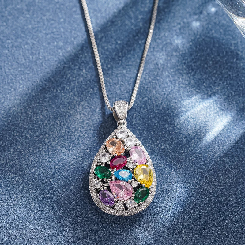 Huitan Pear Pendant Necklace – Colorful Cubic Zirconia Silver