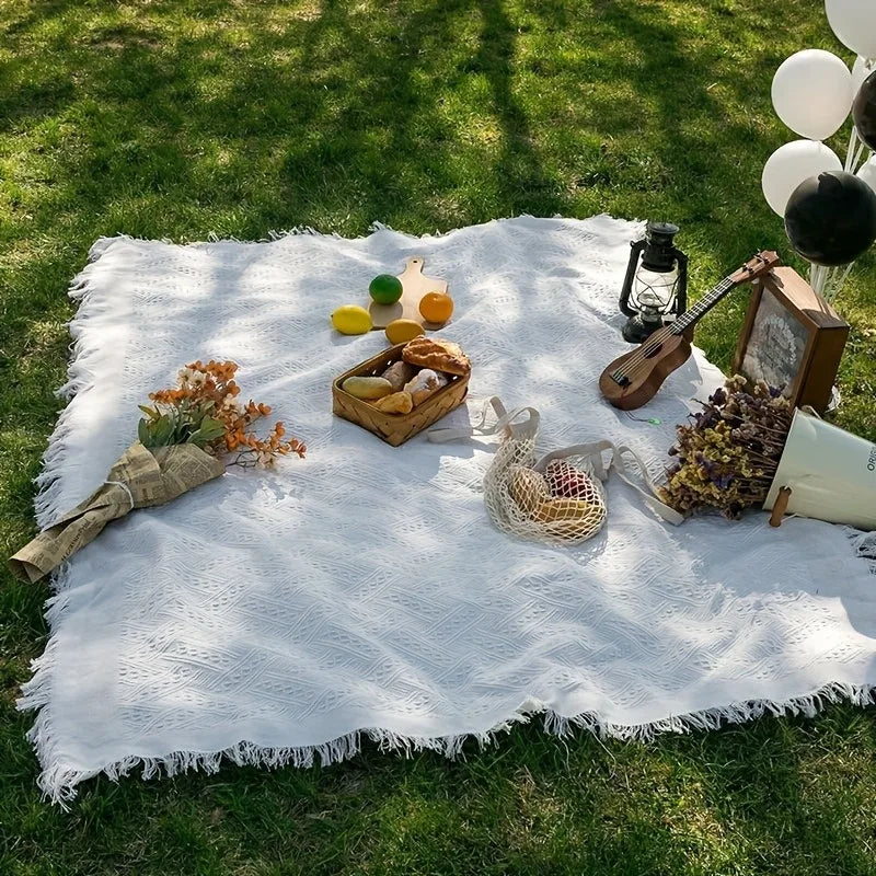 French Fringe Blanket Heavy-duty Outdoor White Trim Machine-washable
