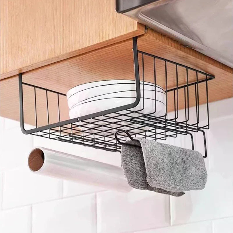 No-Drill Under-Table Hanging Iron Storage Basket & Shelf
