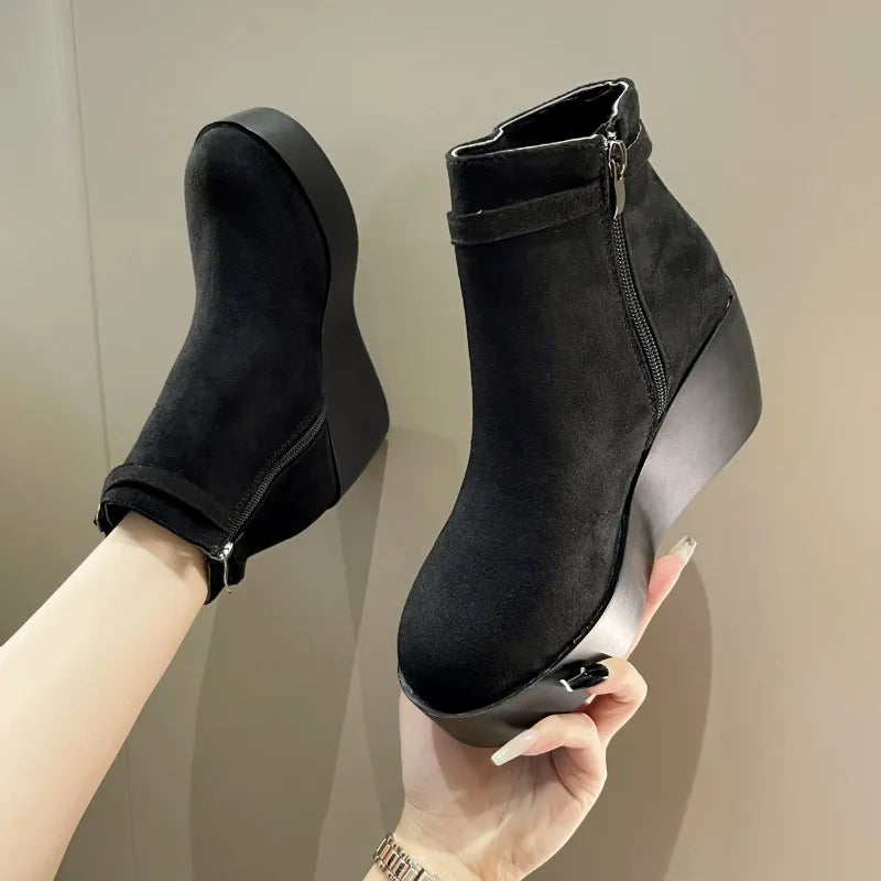 Women's Faux Suede Wedge Platform Ankle Boots Hidden Heel
