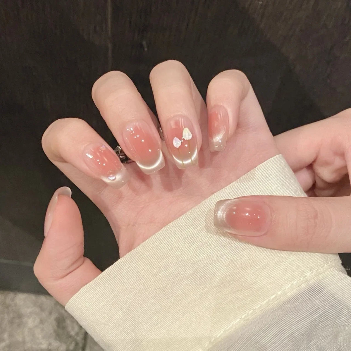 Pink Blush French Cat Eye Press On Nails | Short Coffin 10pcs