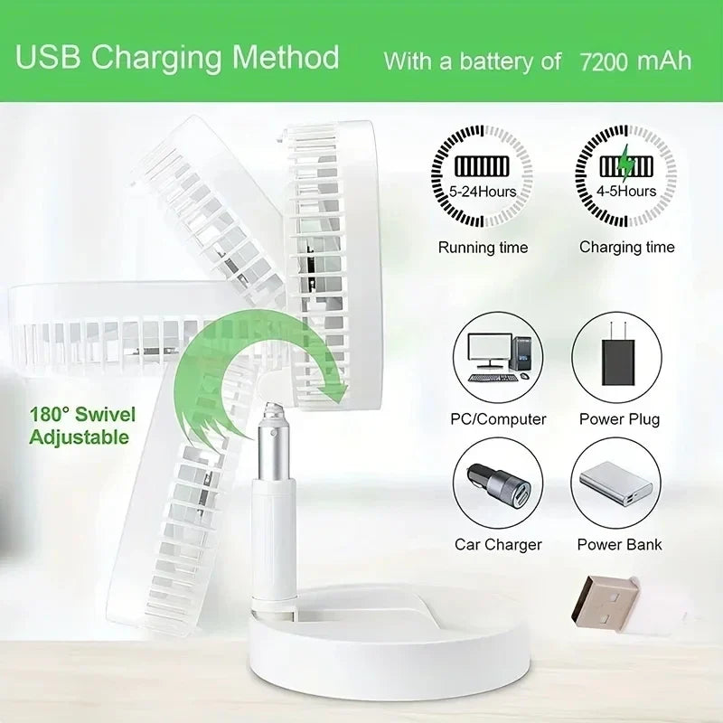 Portable Folding Rechargeable Desk Fan – USB, 4-Speed, Low Noise