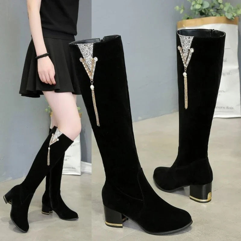 Women's Over-the-Knee Corduroy Boots – Side Zip Square Heel