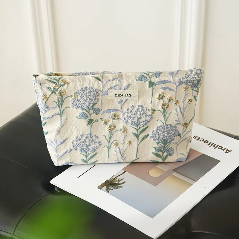 Blue Bouquet Women Makeup Bag Large Capacity Canvas Toiletry Bag-for