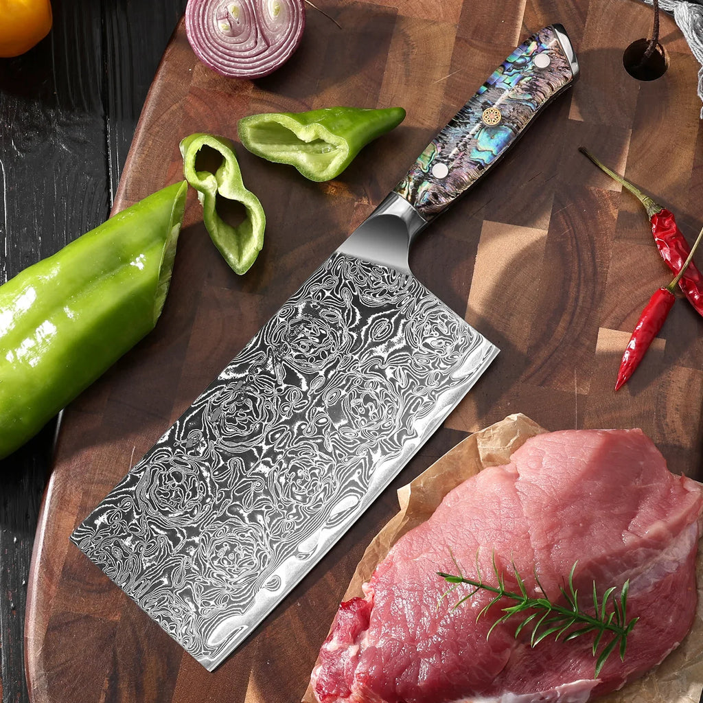 67-Layer Damascus Steel Chinese Cleaver – Abalone Handle