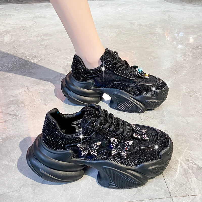 Women's Platform Sneakers – Butterfly Bling Lace-Up Casual Shoe
