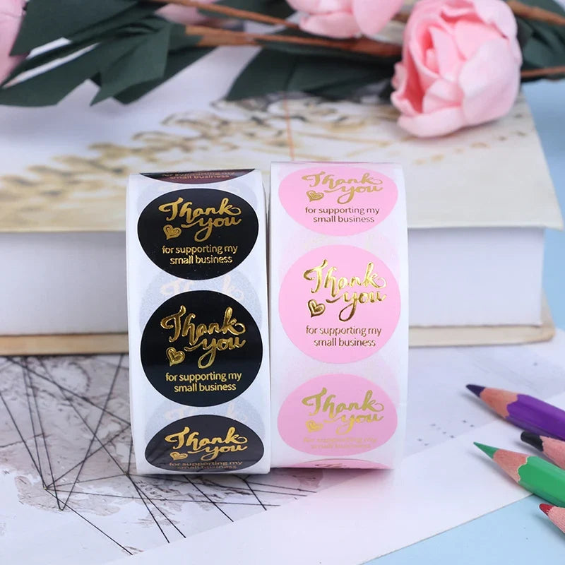 500 Round Thank You Stickers – Hot Stamp Pink & Black Labels