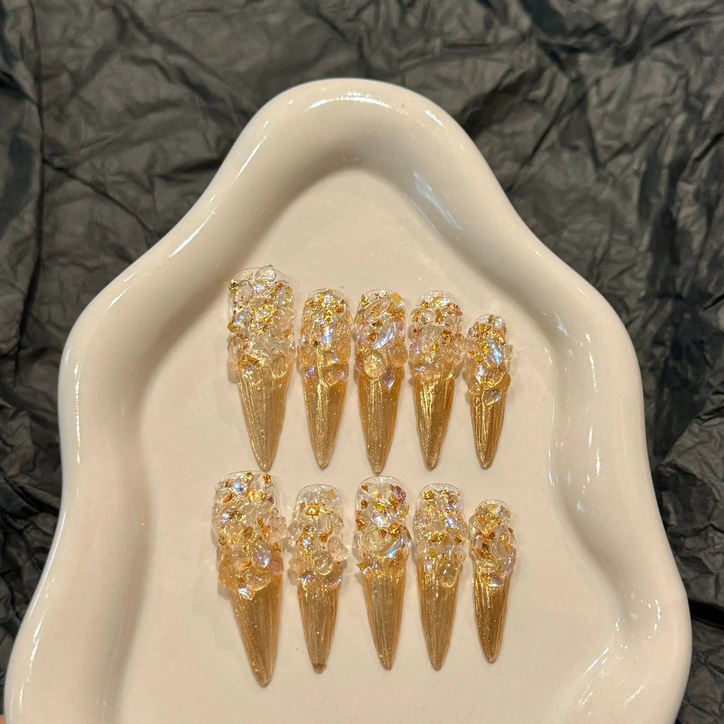 Handmade Gold Foil Rhinestone Press-On Nails | Long Stiletto