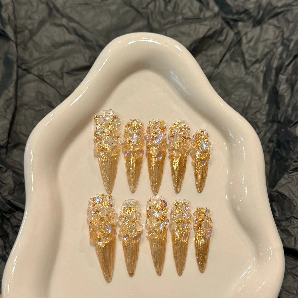Handmade Gold Foil Rhinestone Press-On Nails | Long Stiletto