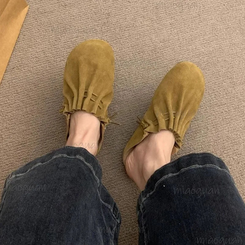 Women's Suede Flat Mule Slides – Slip-On Casual Sandals