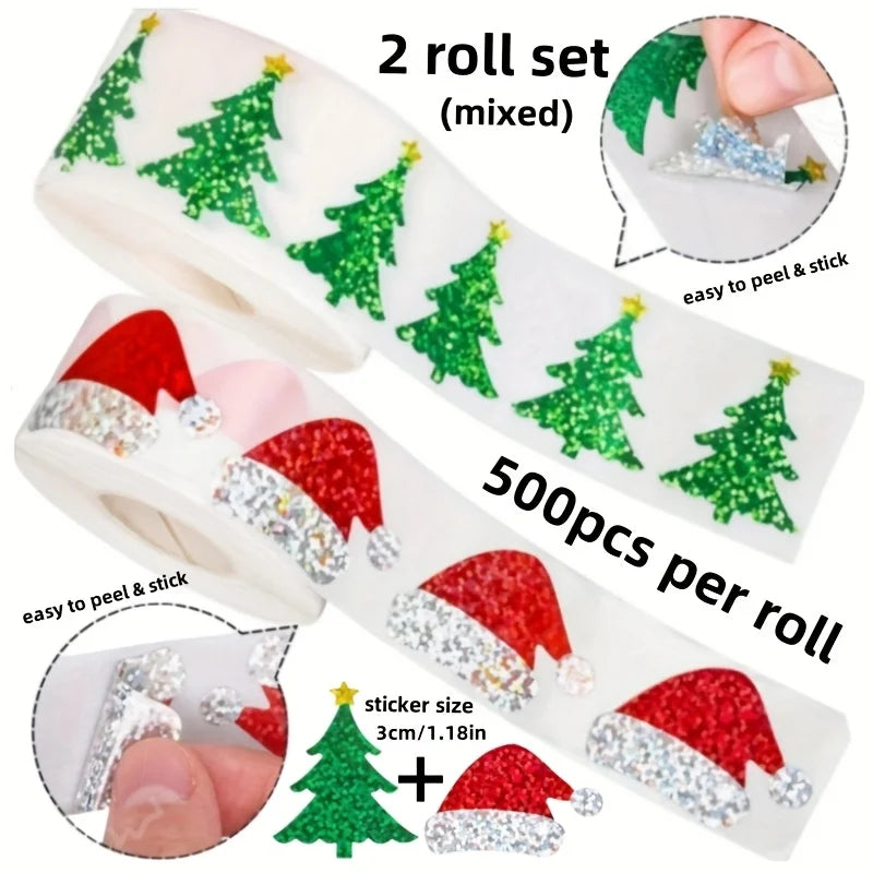 1000 Sheets 2 Rolls Mixed Christmas Sticker Roll Laser Green Tree Red
