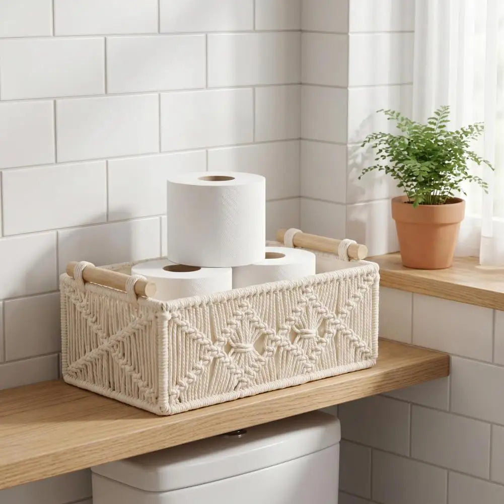 Storage Box Wooden Handles Large Capacity Woven Design Basket Home