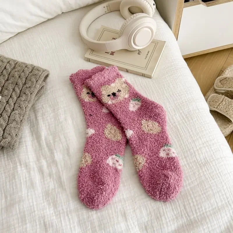 Women's Cozy Coral Fleece Socks – Cute Strawberry Bear Plush
