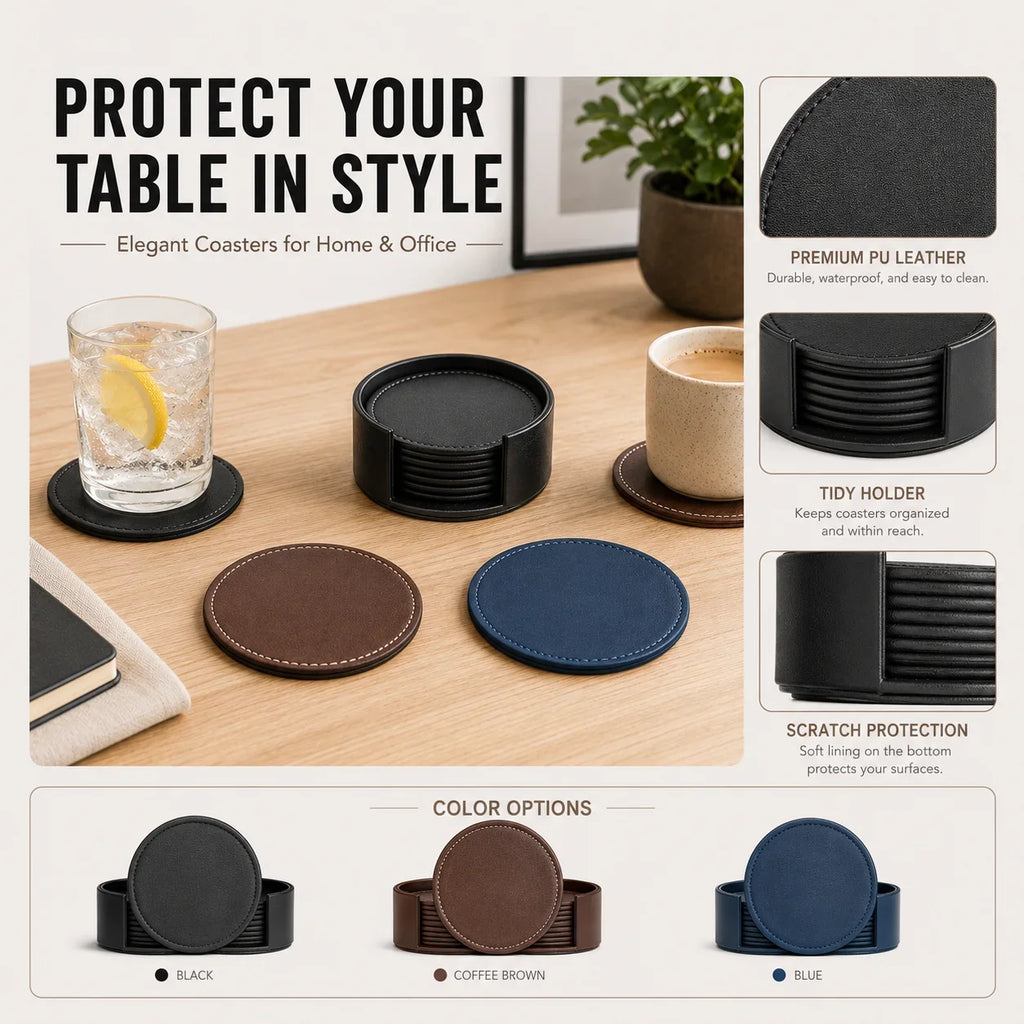 6-Piece PU Leather Coasters with Holder – Waterproof & Heat Resistant