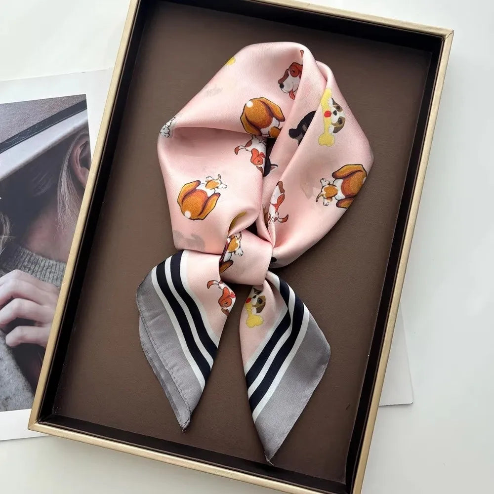 Women's 70x70cm Satin Square Scarf – Cute Dog Print Shawl