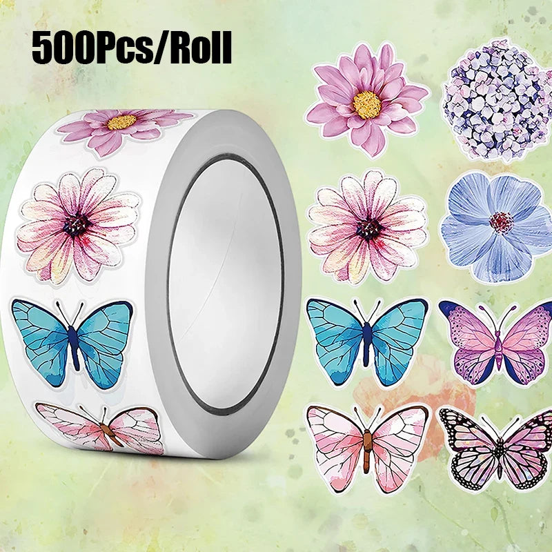 500 Pcs Butterfly & Flower Stickers Roll – Colorful Decals