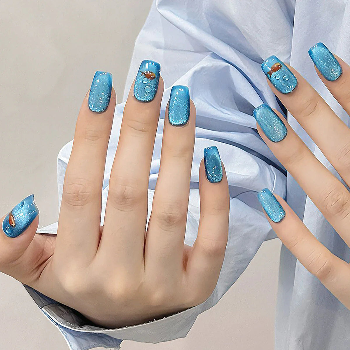 Goldfish Press On Nails – Blue Cat Eye Short Ballet False Nails