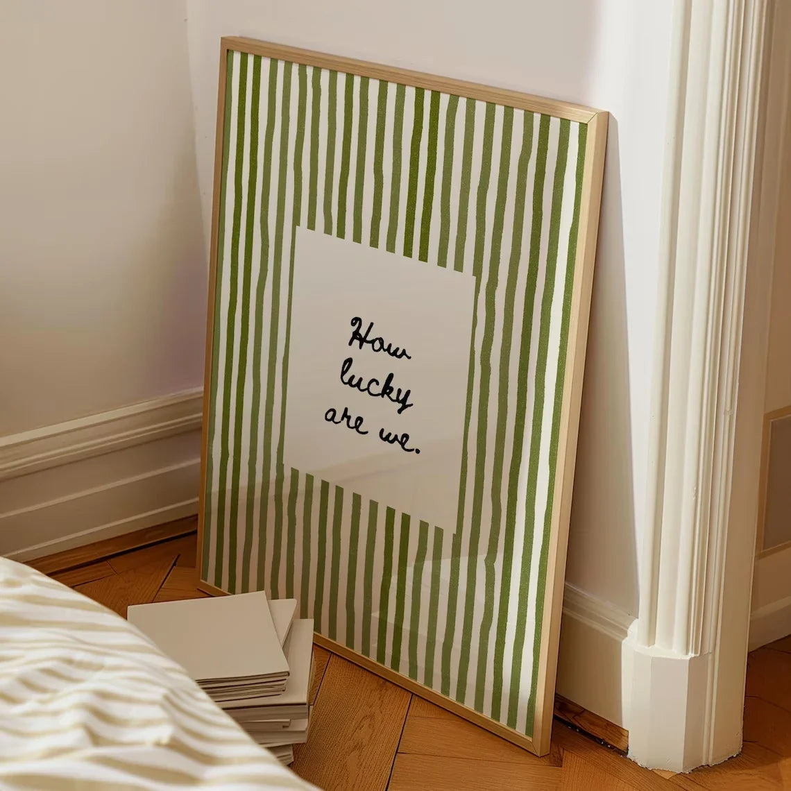 "How Lucky Are We" Olive Green Striped Canvas Wall Art Print