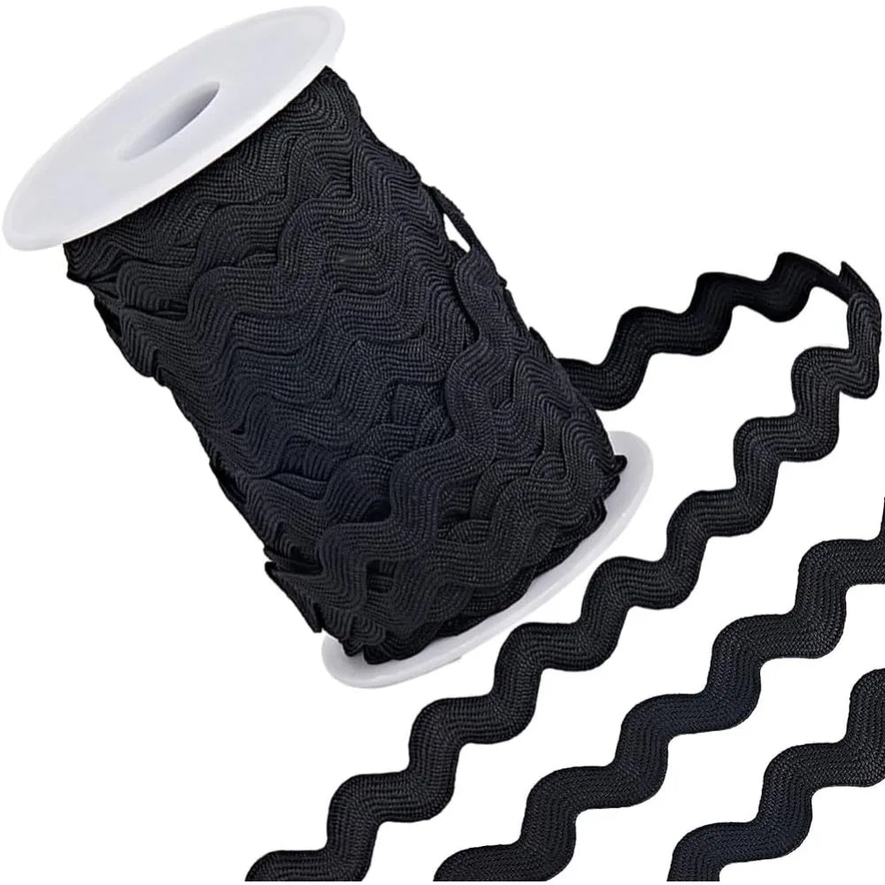 Black Wavy Ric Rac Fringe Trim Ribbon – 25 Yards, 8mm
