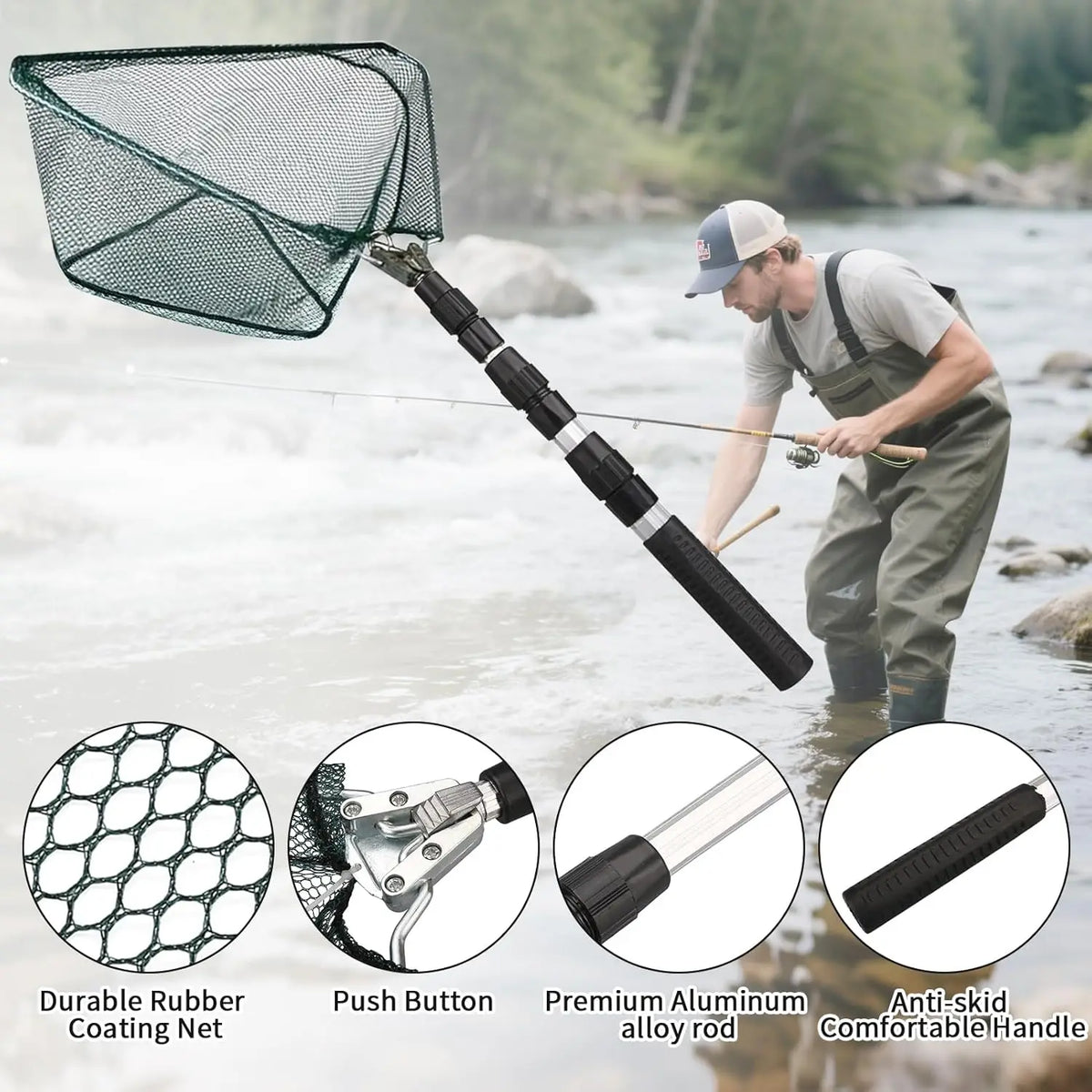 Telescoping Foldable Fishing Landing Net with Glove & Bag