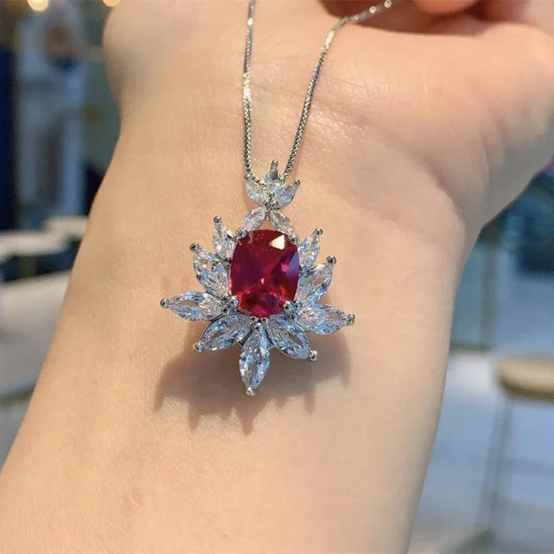 Huitan Blue & Red CZ Pendant Necklace – Bridal Wedding Jewelry