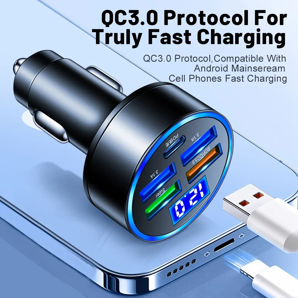 150W 5-Port Car Charger PD QC 3.0 Fast Charge Digital Display