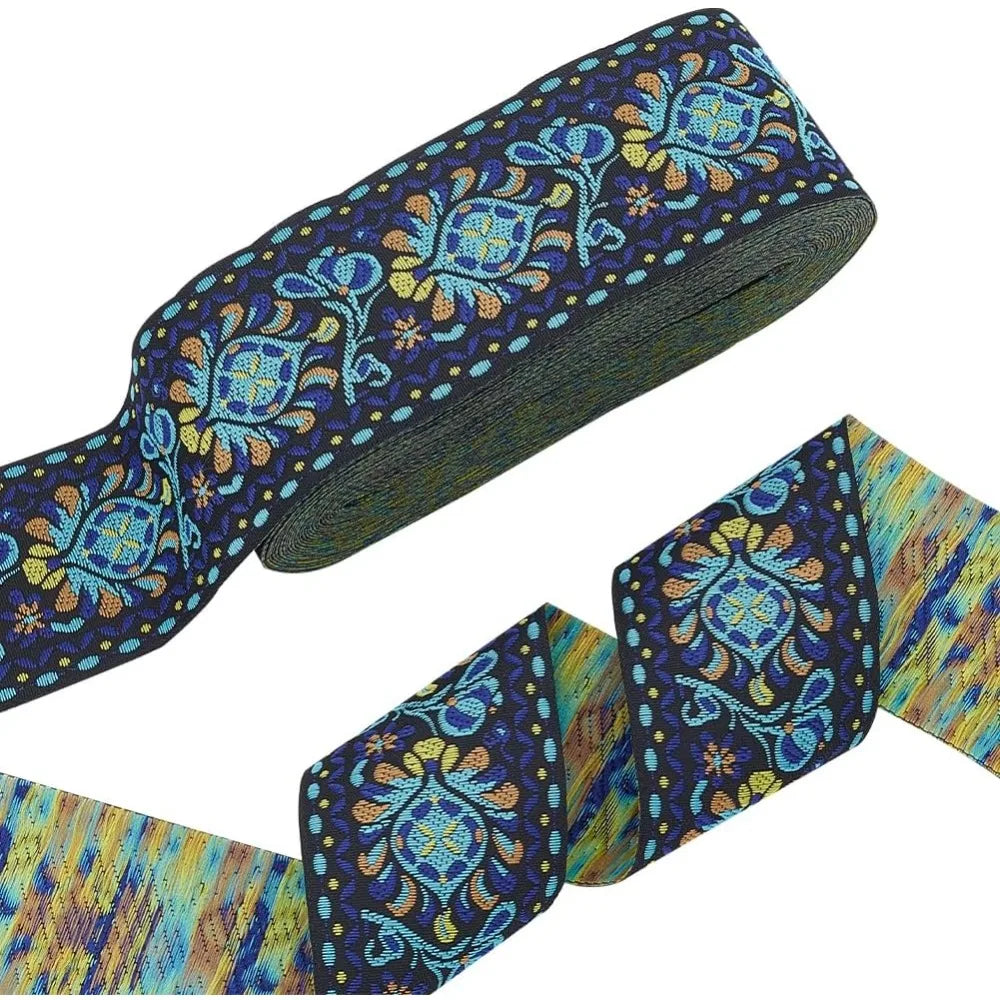 Ethnic Jacquard Flower Ribbon Sky Blue 2 inch – 10 Yards Sewing