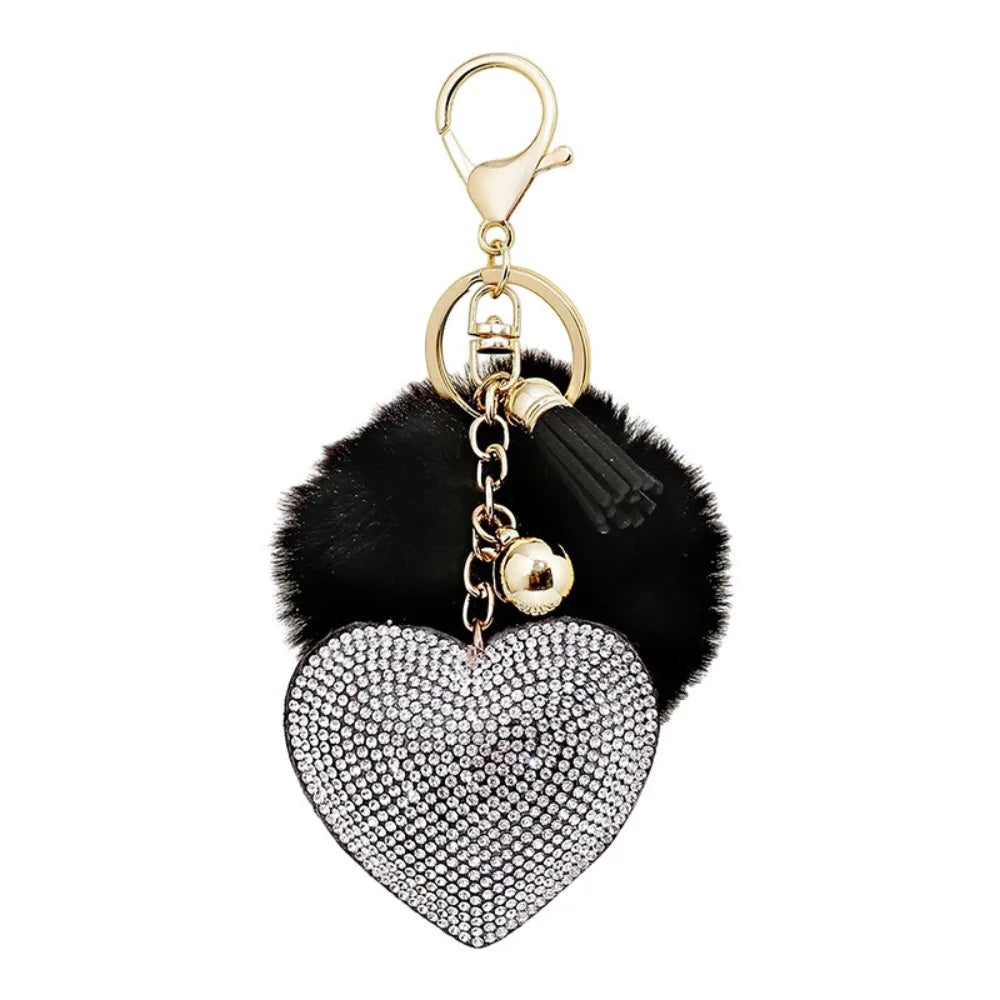 Faux Fur Plush Ball Keychain – Rhinestone Heart Bag Charm